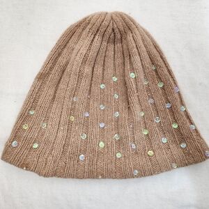 VTG Renee's NY Womens Tan Angora Wool Sequin Ribbed Beanie hat Cap Outdoor Soft